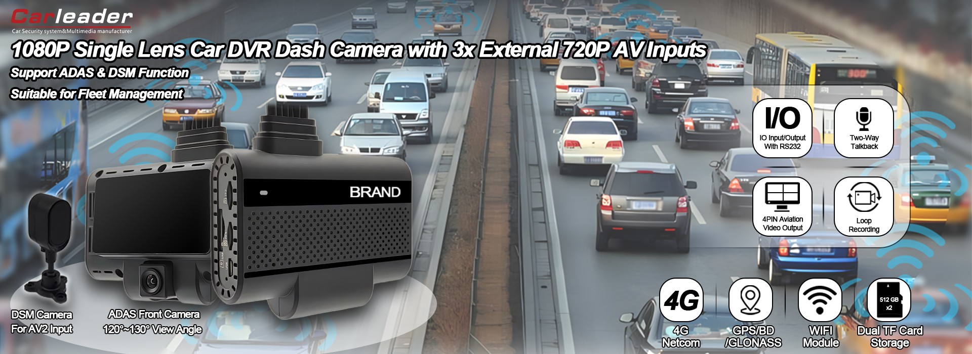 دوربین داش ماشین DVR تک لنز 1080P با 3 ورودی خارجی 720P