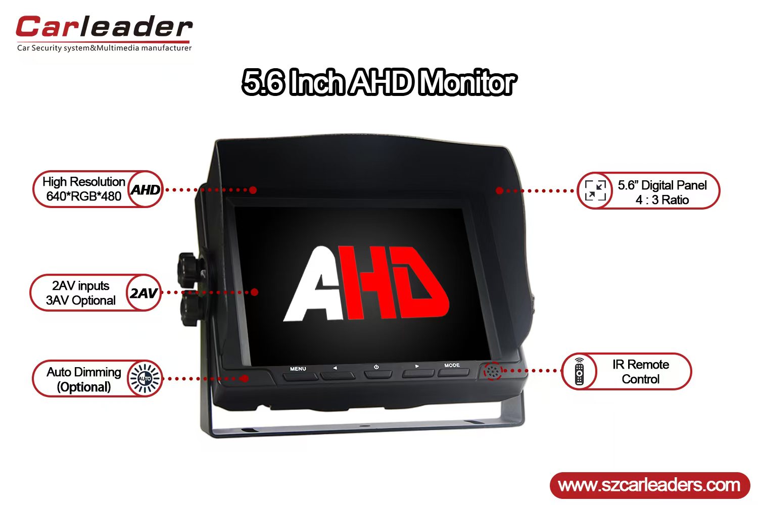 مانیتور نمای عقب 5.6 اینچ AHD Dash Mount Mount Mount